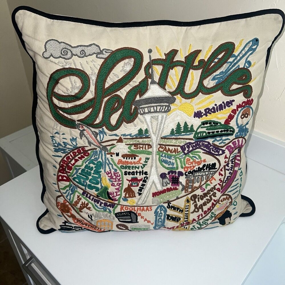 Cat Studio 2010 Seattle Embroidered Pillow Cover Space Needle 18X18 Hand Stiched